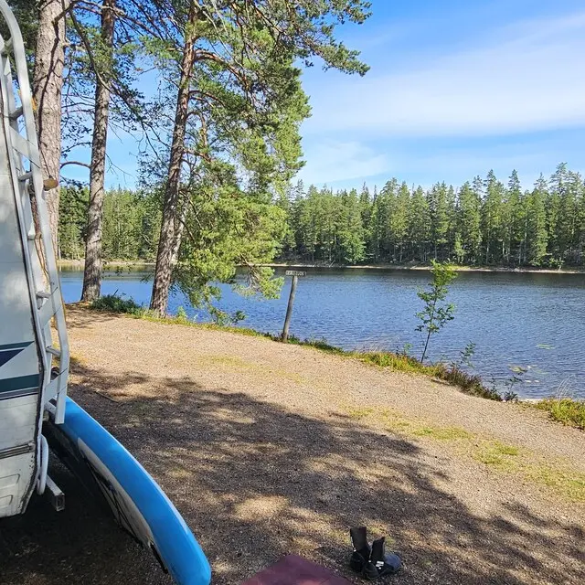 Swedish national park campsite with fire pit and forest clearing